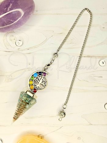 Pendule amazonite, pendentif couleur chakras et arbre de vie