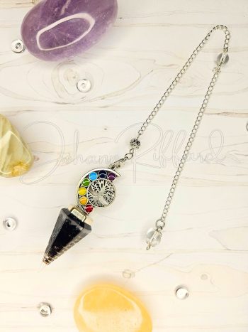 Pendule obsidienne naturelle, couleurs de chakras et arbre de vie
